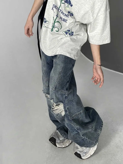 sanyamk Autumn High Street Retro Men and Women Trendy Personalized Straight Tube Washed Jeans Couple Loose Hip Hop Wide Leg Casual Pants