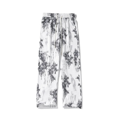 Bonsir Spring Summer Ice Silk Printed Straight Pants Plus Size 5XL-M Men's Streetwear Thin Casual Pants Men Comfortable Wide Leg Pants