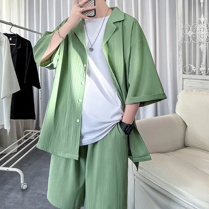 sanyamk Korean Style Men's Set Shirt+Shorts Solid Short Sleeve Top Matching Bottoms Summer Fashion Oversized Clothing Men