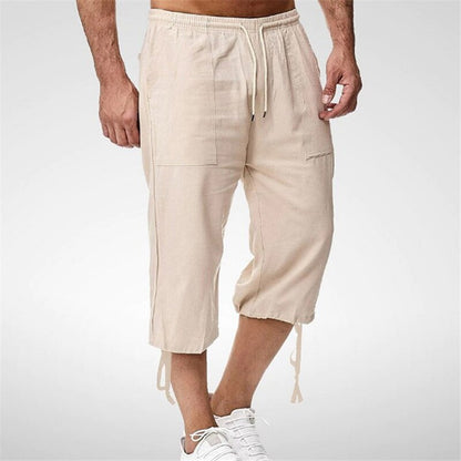 Bonsir Casual Solid Color Crop Pant Men Summer Streetwear Calf-length Pant For Mens Fashion Drawstring Tie-up Loose Straight Pant