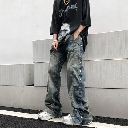 Bonsir Jeans Men Washed Old Breasted Oversized Denim Pants New Harajuku Fashion Casual Retro Loose Hip Hop Straight Trousers Streetwear