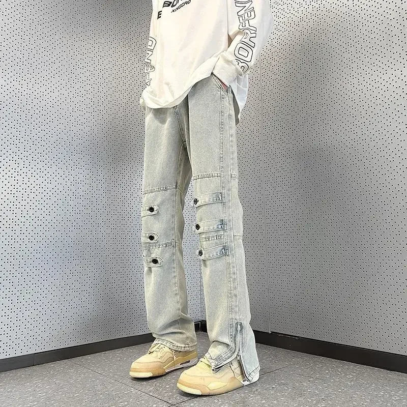 sanyamk Male Cowboy Pants with Slits Jeans for Men Flared Trousers Bootcut Zipper Punk Kpop Luxury Korean Style Stacked Retro Denim Soft