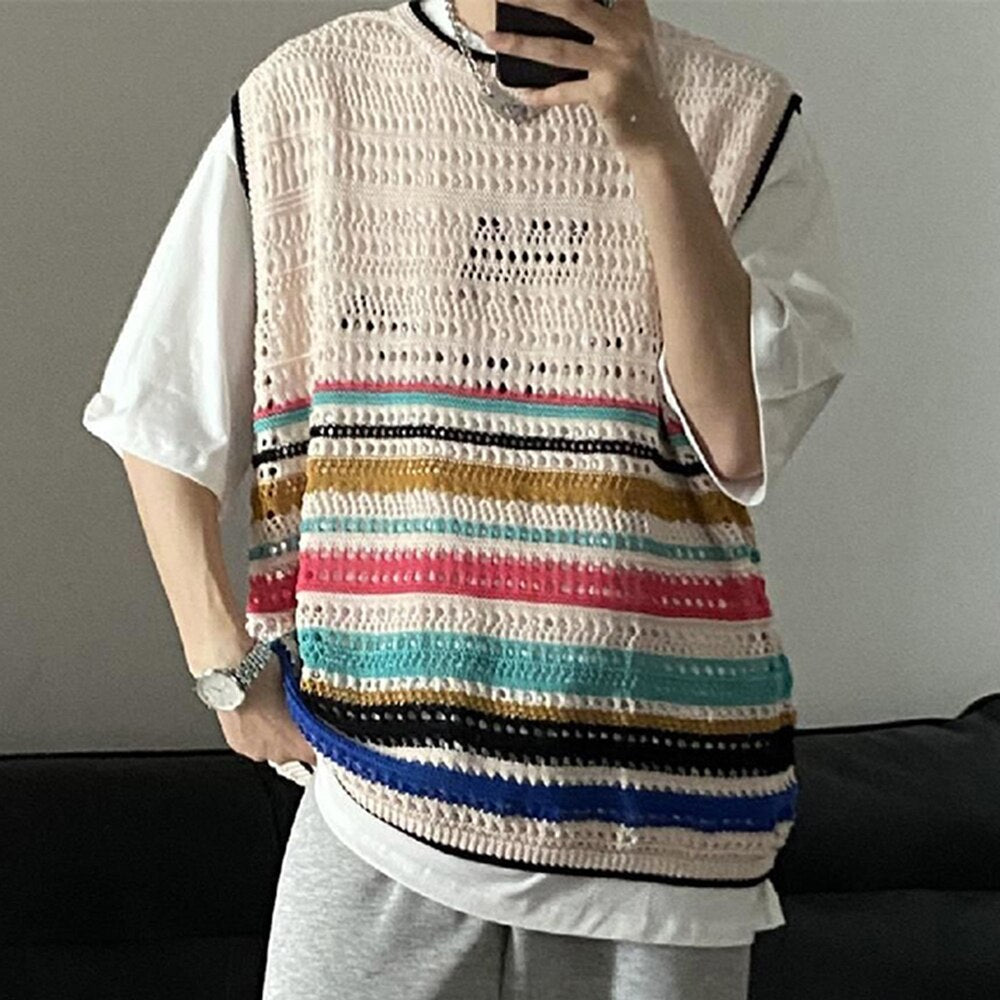 sanyamk New Trendy Mesh Tank Tops Men Stripe Vests Loose Knitted Hollow Out Top Male Casual Sleeveless O Neck Tee Y2k Streetwear Neutral