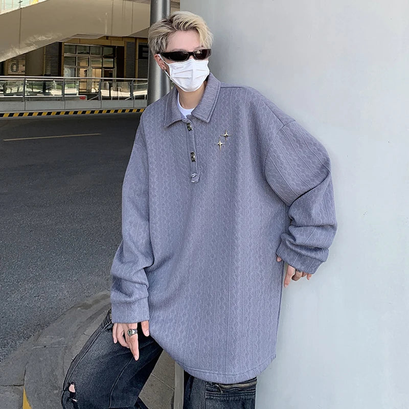 sanyamk  -   American Style Men's T-shirts Loose Metal Pattern Design Turn-down Collar Long Sleeve Casual Male Tees Strylish 9C6599