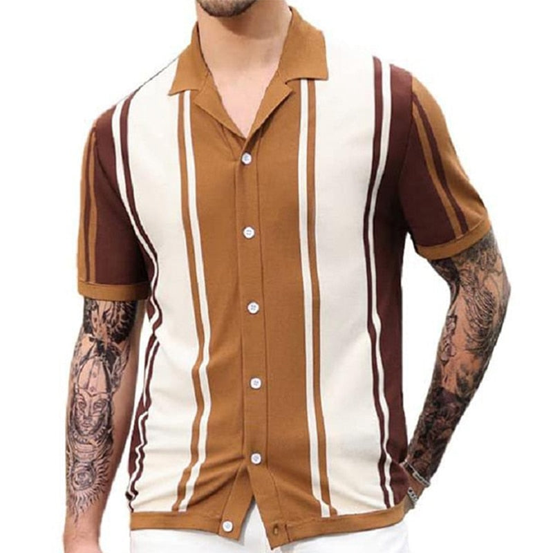 Bonsir Fashion Knit Shirt Men Short Sleeve Button-up Turn-down Collar Casual Striped Knitted Shirts Summer Clothes Mens Streetwear Tops