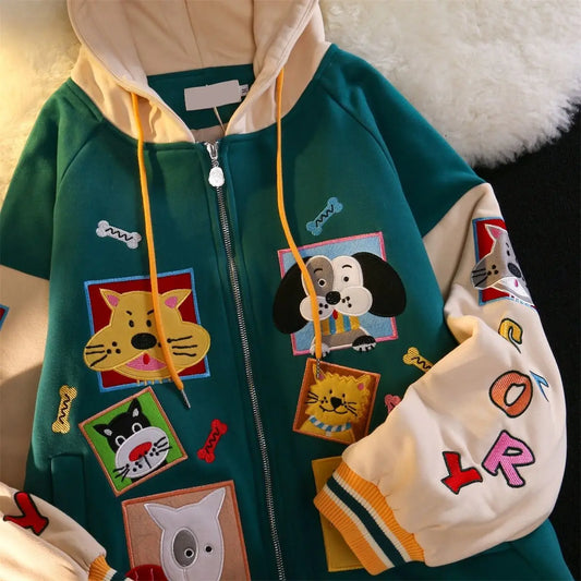 sanyamk Color Block Vintage Cute Cartoon Print Zip Up Hoodies Women Kawaii Spring Clothes Sweatshirt Jackets Coats Oversized Teens