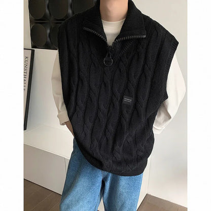Bonsir Autumn Short Sweater Vest Men Fashion Casual Lapel Knit Pullover Men Korean Loose Zipper Sleeveless Sweater Mens Jumper Clothes