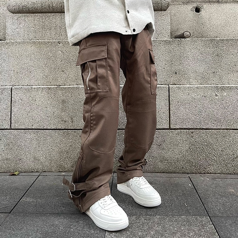 sanyamk High Street Ankle Zipper Multi-pocket Solid Color Cargo Pants Men's Retro Hip Hop Straight Baggy Casual Trousers Oversized