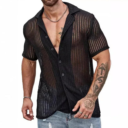 sanyamk Summer Short Sleeve Thin Knit Polos Tops Man Turn Down Collar Casual Daily Tee Shirt 2024 Sexy Hollow Out Male Button Polos