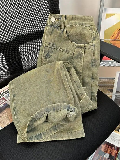 sanyamk Spring Men and Women Trendy Street Personalized Washed Straight leg Jeans Couple Loose Wide Leg Floor Raging Casual Pants