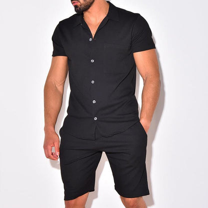 Bonsir Pure Color Two Piece Mens 2023 Summer New Streetwear Sets Short Sleeve Lapel Buttoned Shirt And Casual Shorts Suits Men Clothing