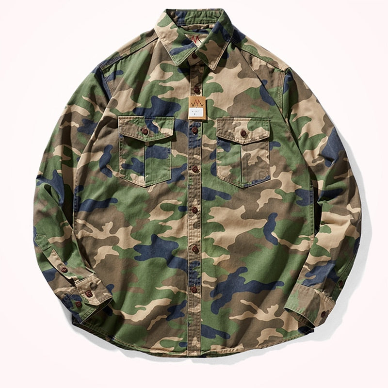 sanyamk Military Style Camouflage Shirt Men Spring Fall New Fashion Multi Pocket Cargo Blouse Vintage Casual Loose Versatile Cotton Tops