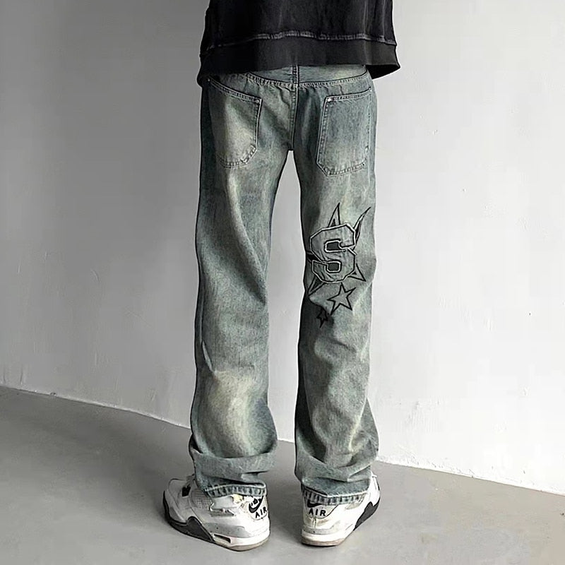 Bonsir High Street Letter Stars Embroidery Ripped Retro Mens Denim Trousers Washed Straight Oversized Loose Harajuku Jeans Pants