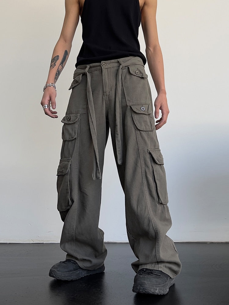 Bonsir High street retro casual large pocket overalls men&#39;s and women&#39;s new summer high waist loose straight tube draped wide leg pants