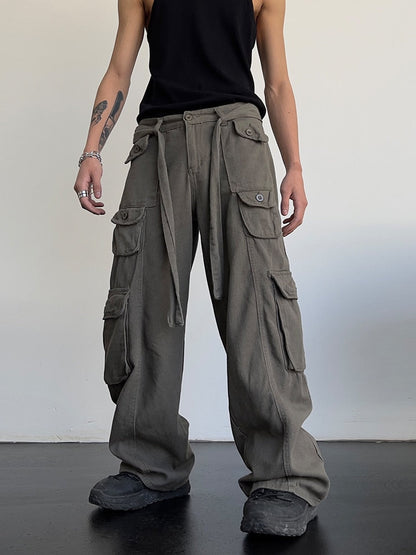 Bonsir High street retro casual large pocket overalls men's and women's new summer high waist loose straight tube draped wide leg pants