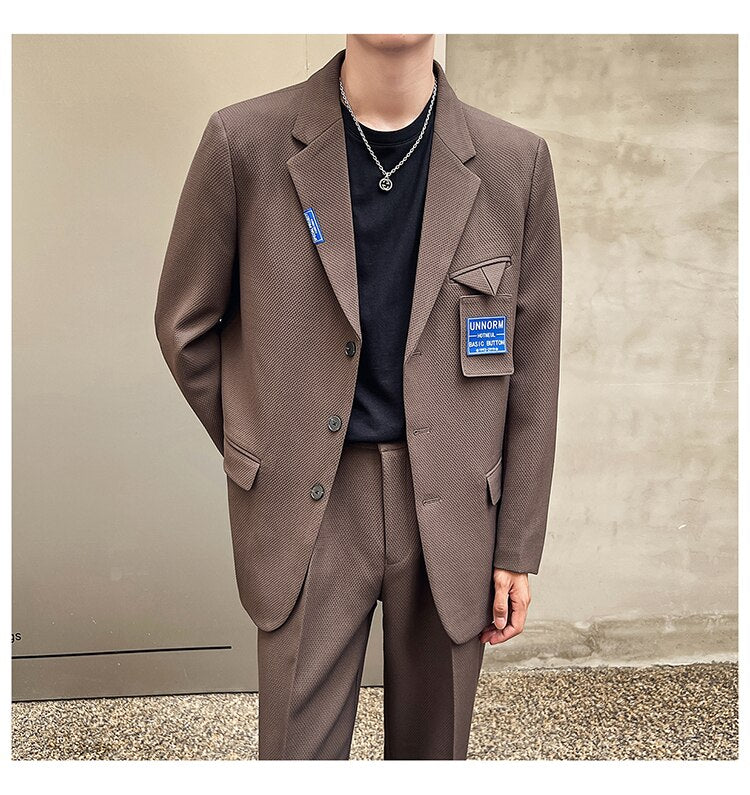 sanyamk Mens Suits Sets Jacket Pant Men Korean Streetwear Office Fashion Loose Casual Blazer Suit Jacket Pant Chic Trend Dress Suits