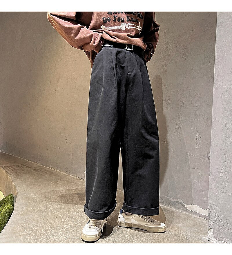 Bonsir Cotton Oversized Casual Pants Men Fashion Loose Wide Leg Pants Men Japanese Streetwear Hip Hop Straight Pants Mens Trousers