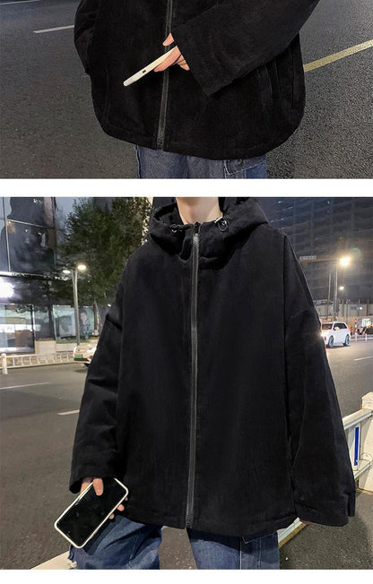 sanyamk Corduroy Jacket Men's Autumn and Winter Retro Hooded Zipper Loose Casual Solid Color Men Jackets Casual Streetwear Outwear