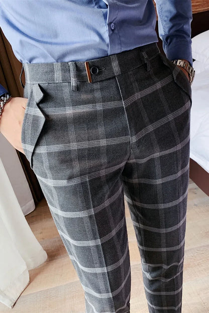 Bonsir Fashion Plaid Print Mens Slim Pants Casual Spring Summer Skinny Pencil Pants Mid Waist Trousers for Men Clothes Streetwear