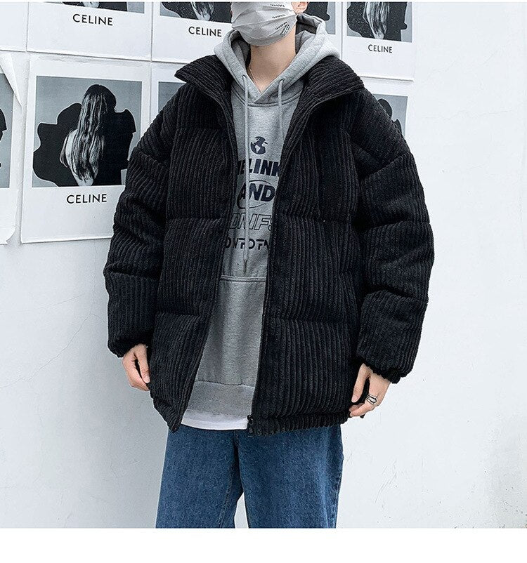 Bonsir Corduroy Winter Coat Men Puffer Jacket Autumn and Winter New Korean Style Long Ladies Over-the-knee Cotton Padded Keep Warm