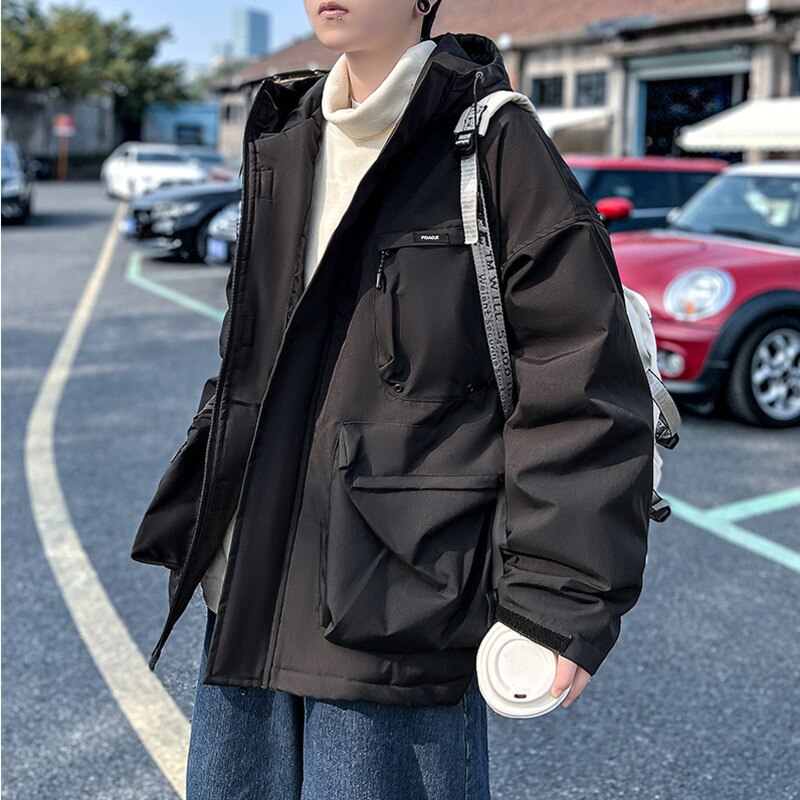 Bonsir Winter Jacket Men Warm Fashion Pocket Thickened Hooded Jacket Men Streetwear Korean Loose Thick Short Coat Mens Parker Clothes