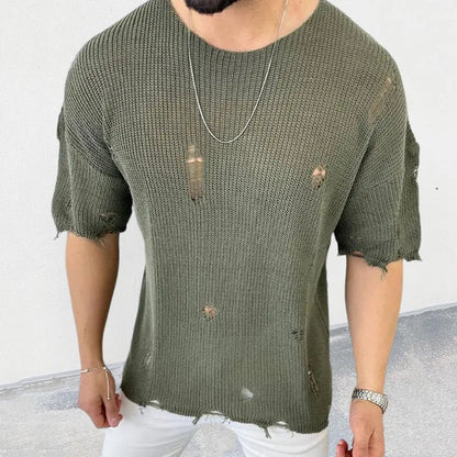 sanyamk 2024 Summer Men Sweater Thin Short Sleeve O-neck Knitted T-shirt Tops Casual Hollow Loose Knit Shirt Pullover Male Streetwear