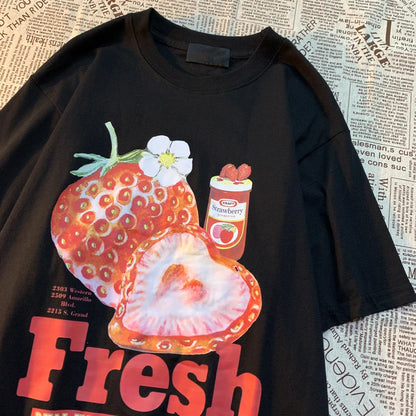 sanyamk  Fresh Strawberry American Retro Creative Printed Short Sleeved T-shirt Men Women Trendy Brand Loose Versatile Half Sleeved Shirt