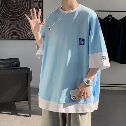 sanyamk Two Pieces T-shirt Men's Hong Kong Style Oversize O-Neck Panel Short Sleeve T-shirt Unisex Hip Hop Patch Design Top