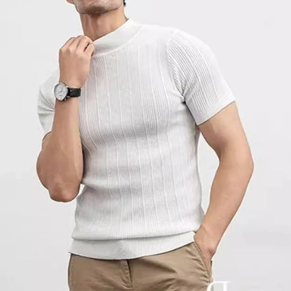 sanyamk 2024 Spring Summer Casual Knit T Shirts For Men Solid Color Short-sleeved Slim Jumper Tops Mens Knitwear Fashion Mock Neck Tees