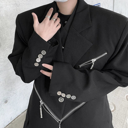 sanyamk Oversized Black Blazer Men High-end Fashion Leisure Suit Jackets Multi-zippers Male Streetwear Casual Korean All-match Suit