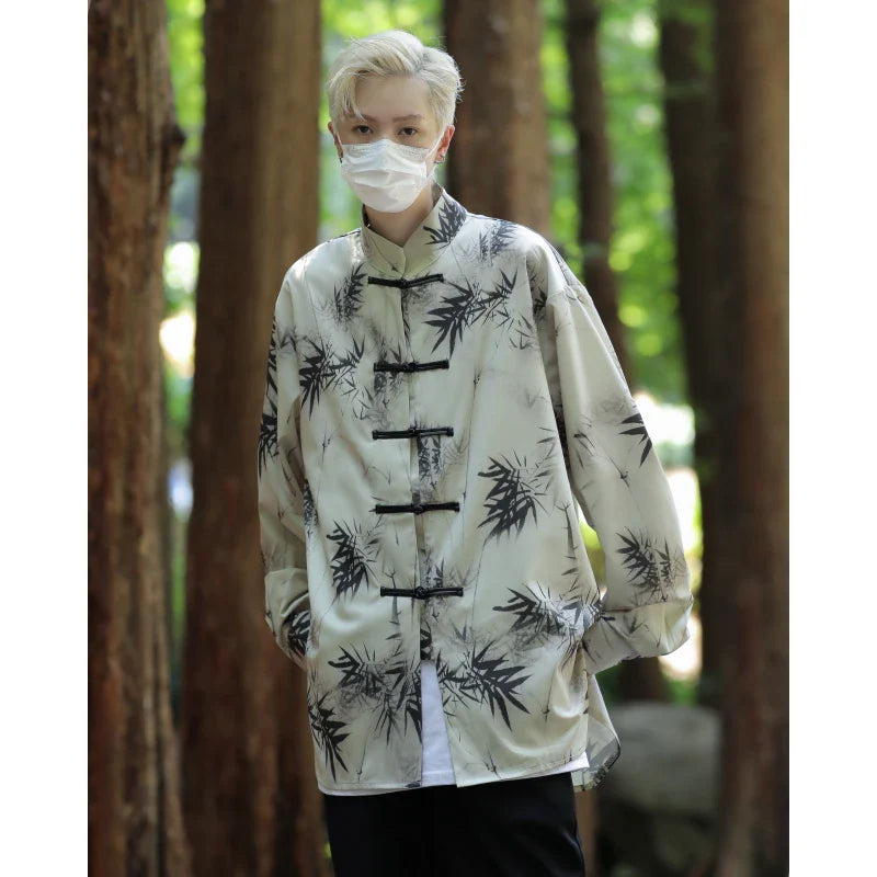 sanyamk Men's Tie-dye Long Sleeve Shirt Spring New Chinese Style Dial Buckle Stand Collar Loose Casual Han Tang Traditional Clothing