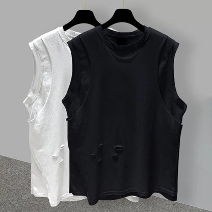 sanyamk Fake Two-Piece Ripped Sleeveless T-Shirt For Men 2024 Summer New Large Size Sports Fitness Gym Casual Loose Waistcoat Vest