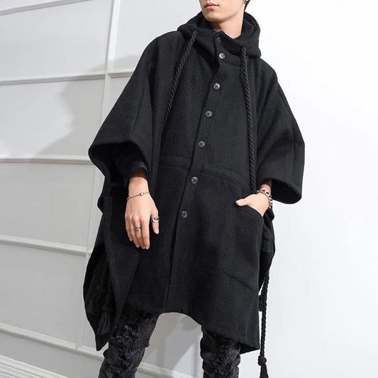 sanyamk Mens Dark Style Mid-Length Casual Hooded Cape Autumn And Winter Genderless Fashion Retro Loose Solid Color Shawl Cape Unisex