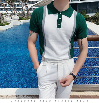 sanyamk Summer Top Quality Green White Color Contrast Knitted Polo Men Breathable Polo Short Sleeve Playera Polo Hombre Slim Men Polo