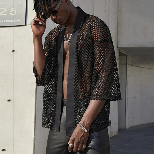 Bonsir Sexy Hollow Out Mesh See Through Shirt Men Summer Short Sleeve Solid Loose Open Stitch Casual Top Mens Streetwear Fashion Shirts