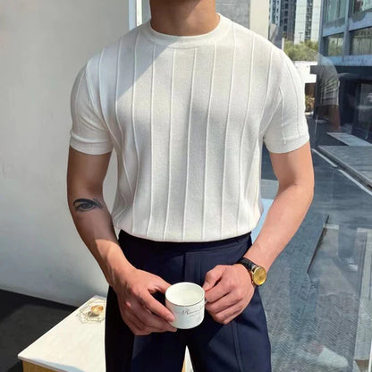 sanyamk 2024 Summer Men Knit Ice silk T shirts High Quality Solid Color Stripe Short sleeve O-neck Tee Tops Mens Thin Slim Fit T-Shirts