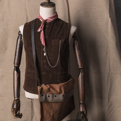 sanyamk Men's Suit Vest Coffee Corduroy O Neck Single Breasted Steampunk Clothing Vintage Male Gentleman Business Waistcoat Wedding Vest
