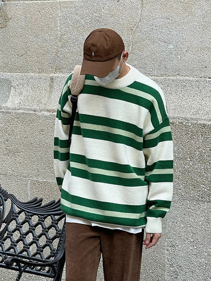 sanyamk -  Green Loose Stripe Design Casual Sweater New Autumn Winter Korean Tide Men's Round Neck Kintting Tops Cvintage 2A0224