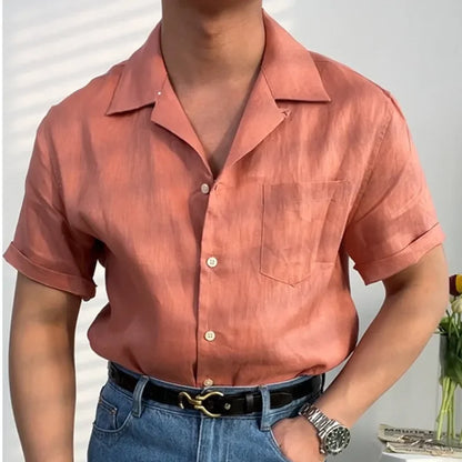 sanyamk  -  Summer Linen Cuban Collar Short-sleeved Shirt Beach Holiday Breathable Solid Color Shirt Retro Loose Top Ropa Hombre Casual