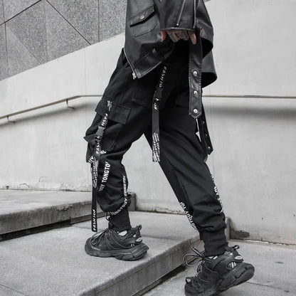 sanyamk Techwear Cargo Pants Men Joggers Black Cargo Trousers for Men Jogging Japanese Streetwear Hip Hop Hippie Gothic Ribbon