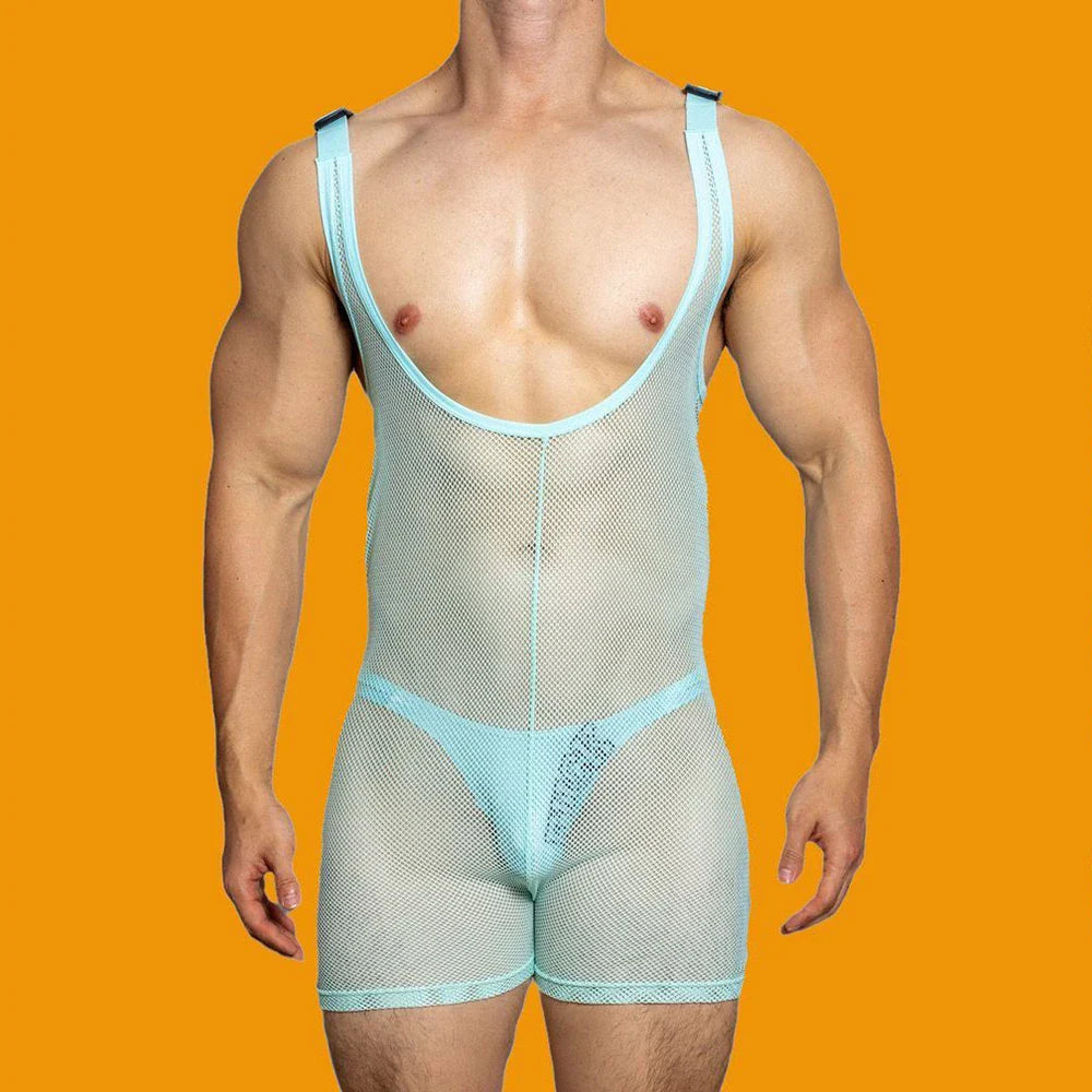 sanyamk Mens sexy tight-fitting solid color mesh see-through jumpsuit shaping breathable sexy suspenders home underwear for men