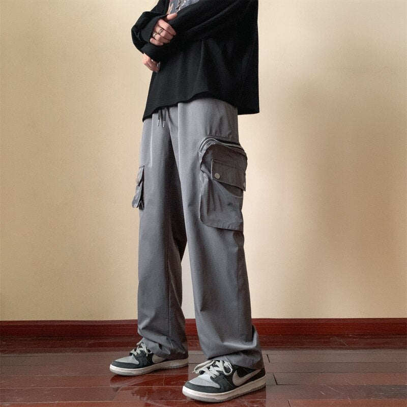 sanyamk Grey Black Cargo Pants Men Fashion Retro Pocket Casual Pants Men Japanese Streetwear Hip-hop Loose Straight Mens Trousers M-3XL