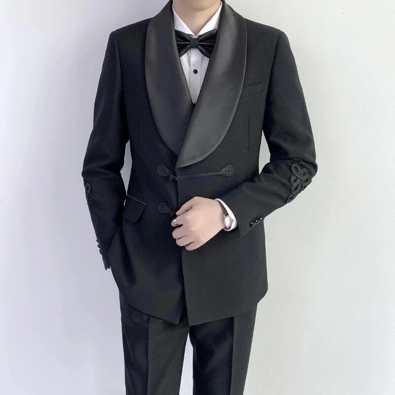 sanyamk Formal Wedding Groom Tuxedo With Chinese Knot Black Shawl Lapel Men Suits Double Breasted Slim Fit Blazer 2 Pcs (Jacket + Pants)