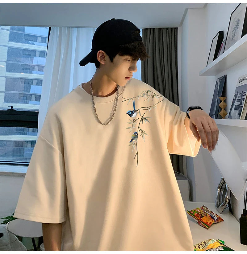 sanyamk  -  Men's Cotton Oversized T-shirts Mens 5XL T Shirt Casual Summer Wear Bamboo Print Fashion White Tee Shirts for Men Clothing