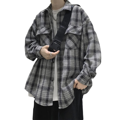 sanyamk Mens Shirt Fashion Harajuku Plaid Long Sleeve Tops Spring Autumn Vintage Jacket Trend Streetwear Oversized Male Clothing B75