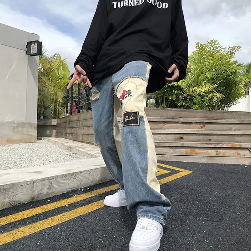 sanyamk Vintage Patchwork Hip Hop Mens Pants American Retro Designer Ripped Jeans Y2k Streetwear Loose Male Daily Casual Baggy Trousers