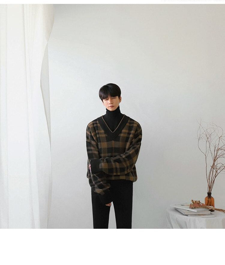 sanyamk Korean Fashion Vintage V-neck Plaid Sweater Male Autumn and Winter Casual Loose Men's V-neck Knitted Sweater for Men Pullover