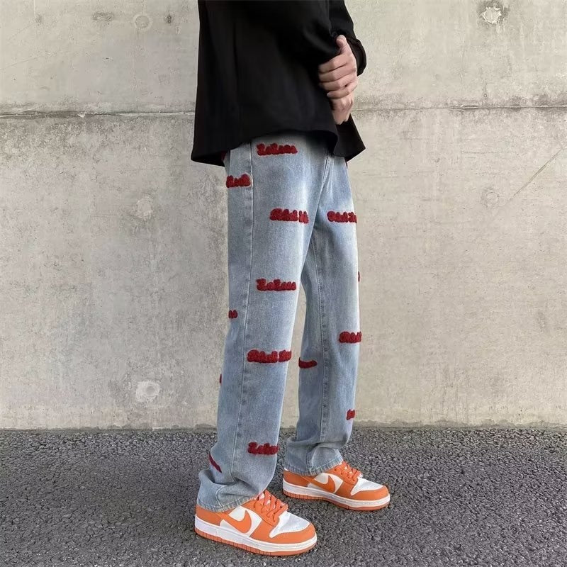 sanyamk Fashion Letter Embroidery Men's Denim Pant Spring Summer Y2K Clothing Men Stitching Loose Straight Jeans Vintage Streetwear