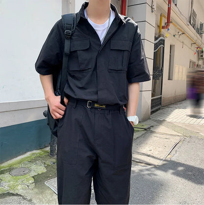 Bonsir -  Mens Cargo Overalls Solid Color Lapel Short Sleeve Casual Jumpsuits Multi Pockets Loose Streetwear Rompers with Belt