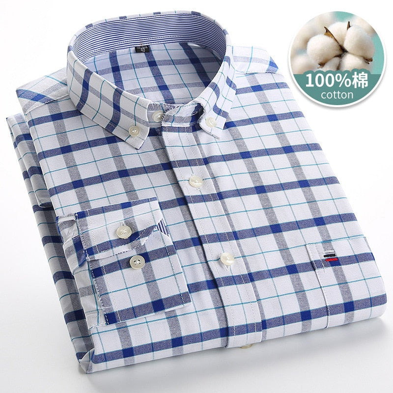 Bonsir 6XL 7XL Autumn/Winter Men's Long sleeved Shirt 100% Cotton Plaid Solid Oxford Spin Non iron Fashion Large Casual Business